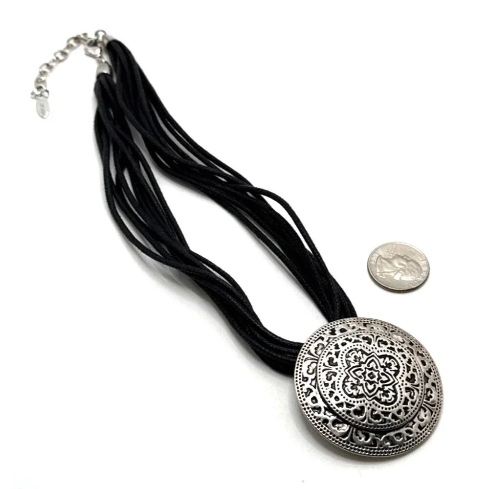 Vintage St. Thomas Pendant Necklace Ornate Amulet Multi Strand Black Cord 20”